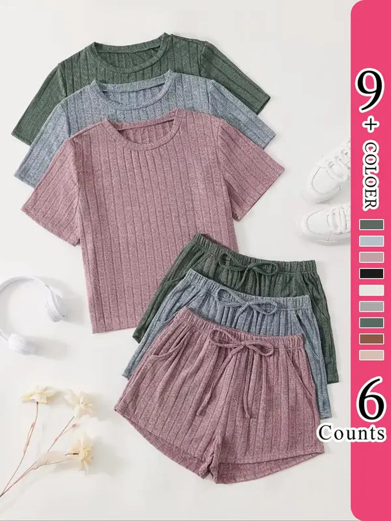 Women'S Plain round Neck Tee & Knot Front Elastic Waist Shorts with Pocket Loungewear Set, Summer Outfits 2024, Casual Soft Back to School Pyjama Set for Daily Home Wear, Ladies Summer Sleepwear Set, Summer Clothes