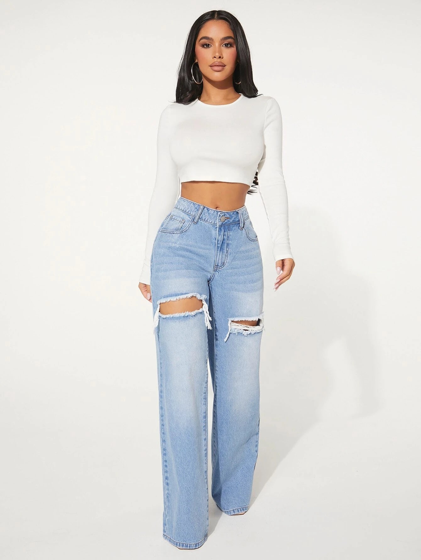 SHEIN SXY Single Button Cut Out Ripped Frayed Wide Leg Jeans