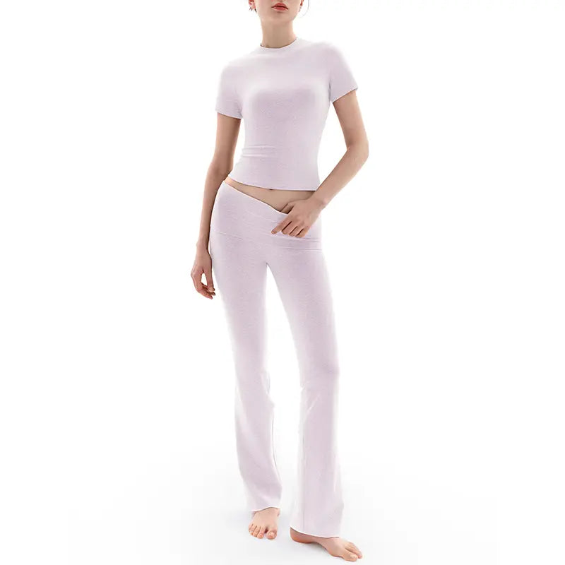 PUMIEY 【New】Women'S Lounge Sets Home Wear Short Sleeve Tops and Fold-Over Flare Pants Casual Outfits Pajama Set Sleepshirt Plain Pink