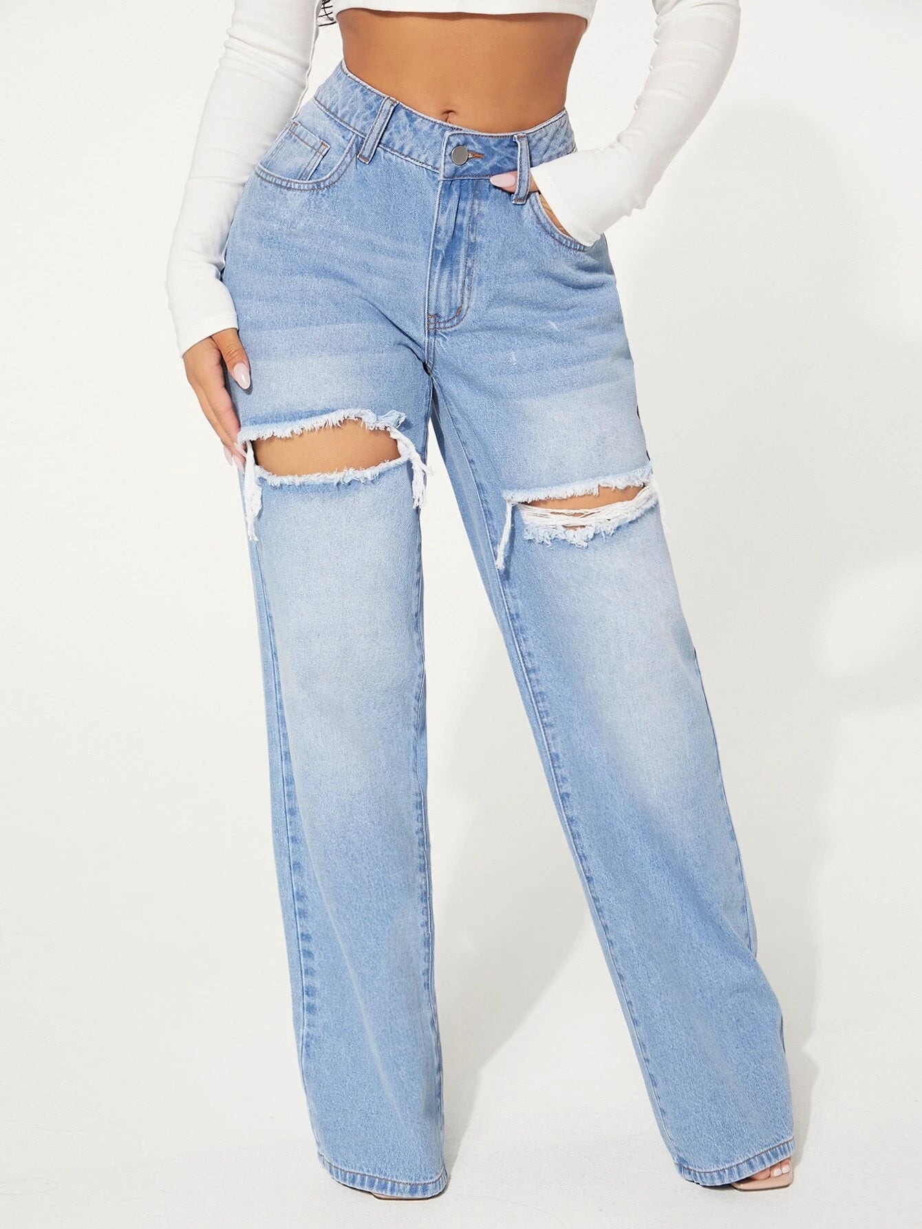 SHEIN SXY Single Button Cut Out Ripped Frayed Wide Leg Jeans