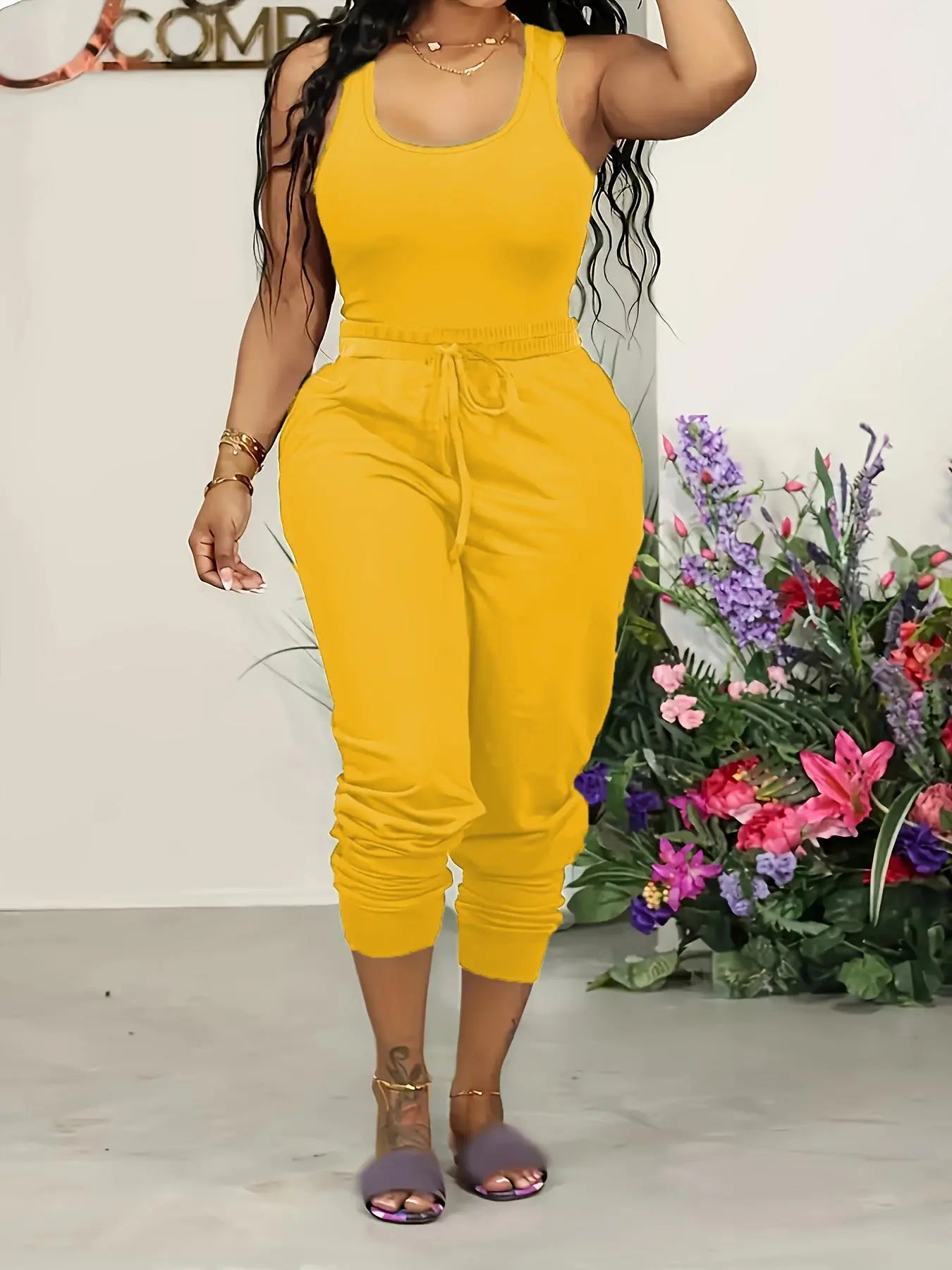 【Plus Size】 2 Counts Solid U Neck Tank Top & Drawstring Waist Pants Two-Piece Set, Basic Sleeveless Top & High Waist Pocket Trousers for Daily Wear, Back to School Outfits, Two Piece Set Women