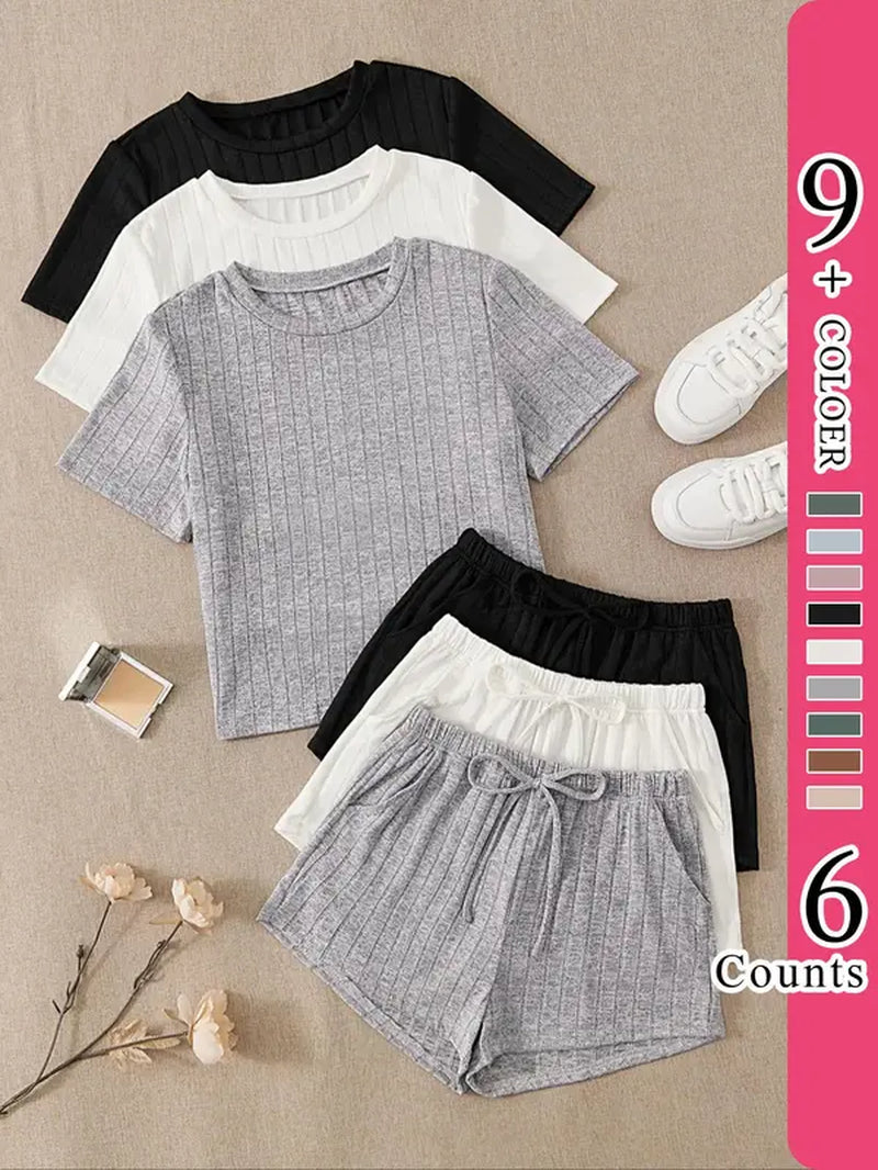 Women'S Plain round Neck Tee & Knot Front Elastic Waist Shorts with Pocket Loungewear Set, Summer Outfits 2024, Casual Soft Back to School Pyjama Set for Daily Home Wear, Ladies Summer Sleepwear Set, Summer Clothes